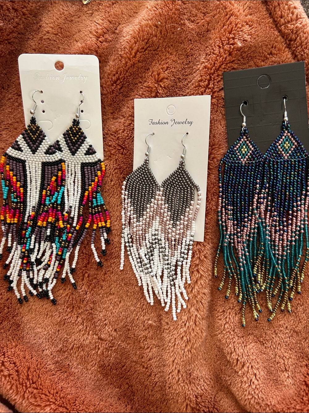 Fashion Jewelry Beaded Fringe Earrings Trio in Black, White, Pink & Teal